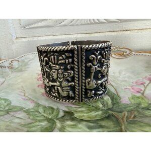 Vintage 60's Mexico 925 Sterling Wide Link Bracelet Aztec Warrior Repousse 68.6g